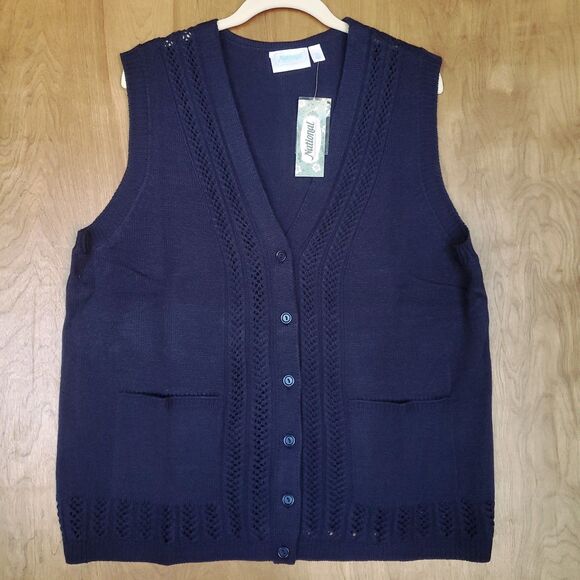 NWT Navy Blue Sweater Vest Womens 1X Classic Button Up Pockets Acrylic National - Picture 2 of 7